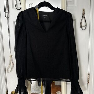 Express Black Sheer Dotted Puffy Sleeve V Neck Blouse Top Women Size M